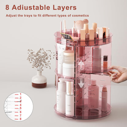 Rotating Makeup Organizer, DIY 8 Adjustable Layers Spinning Skincare Organizer, Cosmetic Display Case with Brush Holder Perfume Tray, Multi-Function Storage Carousel for Vanity Bathroom Countertop