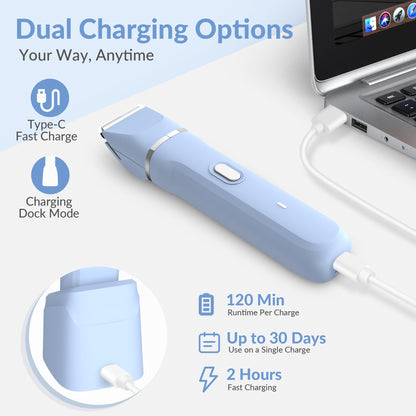 KINGTEE 5-in-1 Electric Bikini Trimmer for Women – IPX7 Waterproof Shaver, Cordless Body & Facial Razors for Women, Ceramic Blades, USB-C Rechargeable, Painless Hair Removal Kit (Blue)