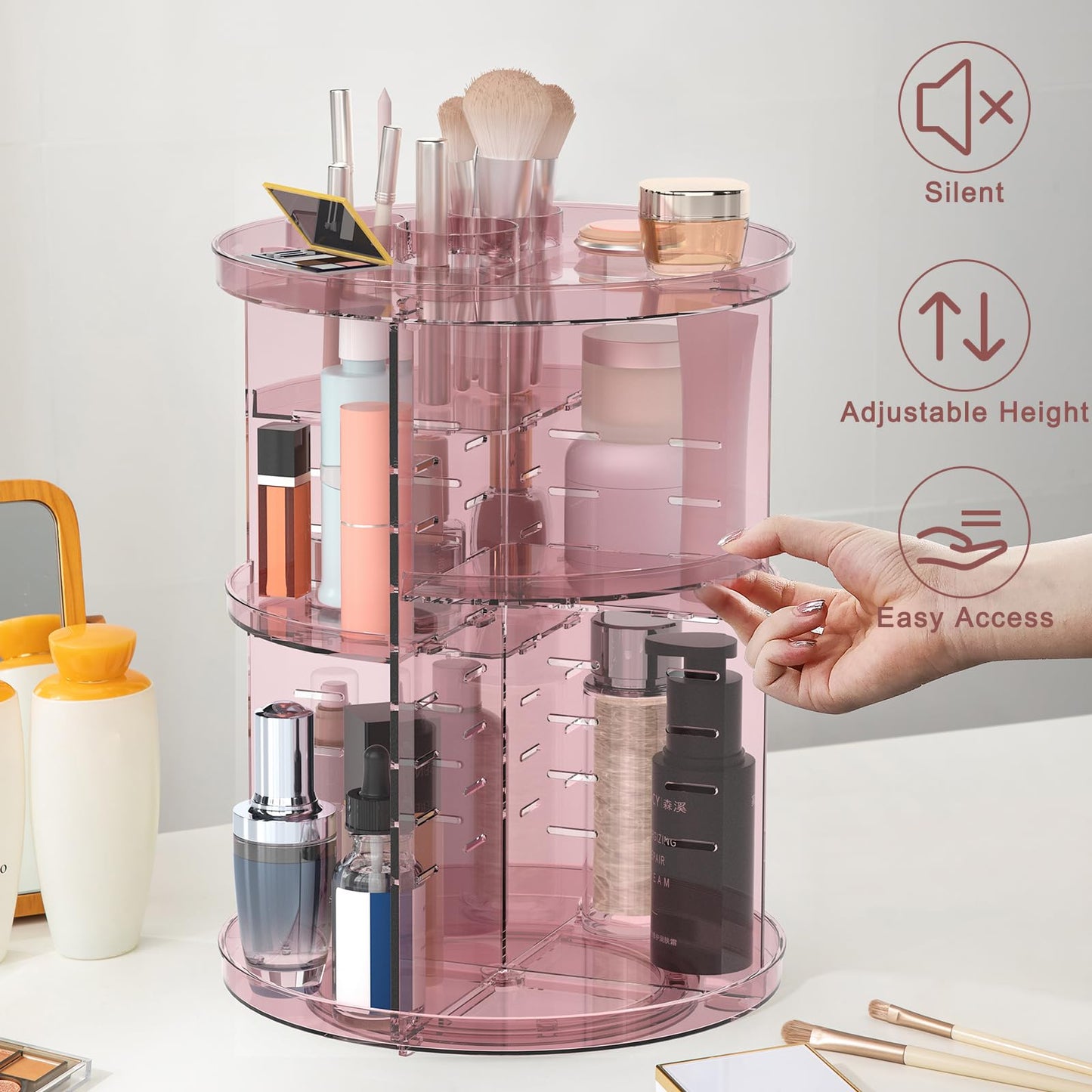 Rotating Makeup Organizer, DIY 8 Adjustable Layers Spinning Skincare Organizer, Cosmetic Display Case with Brush Holder Perfume Tray, Multi-Function Storage Carousel for Vanity Bathroom Countertop