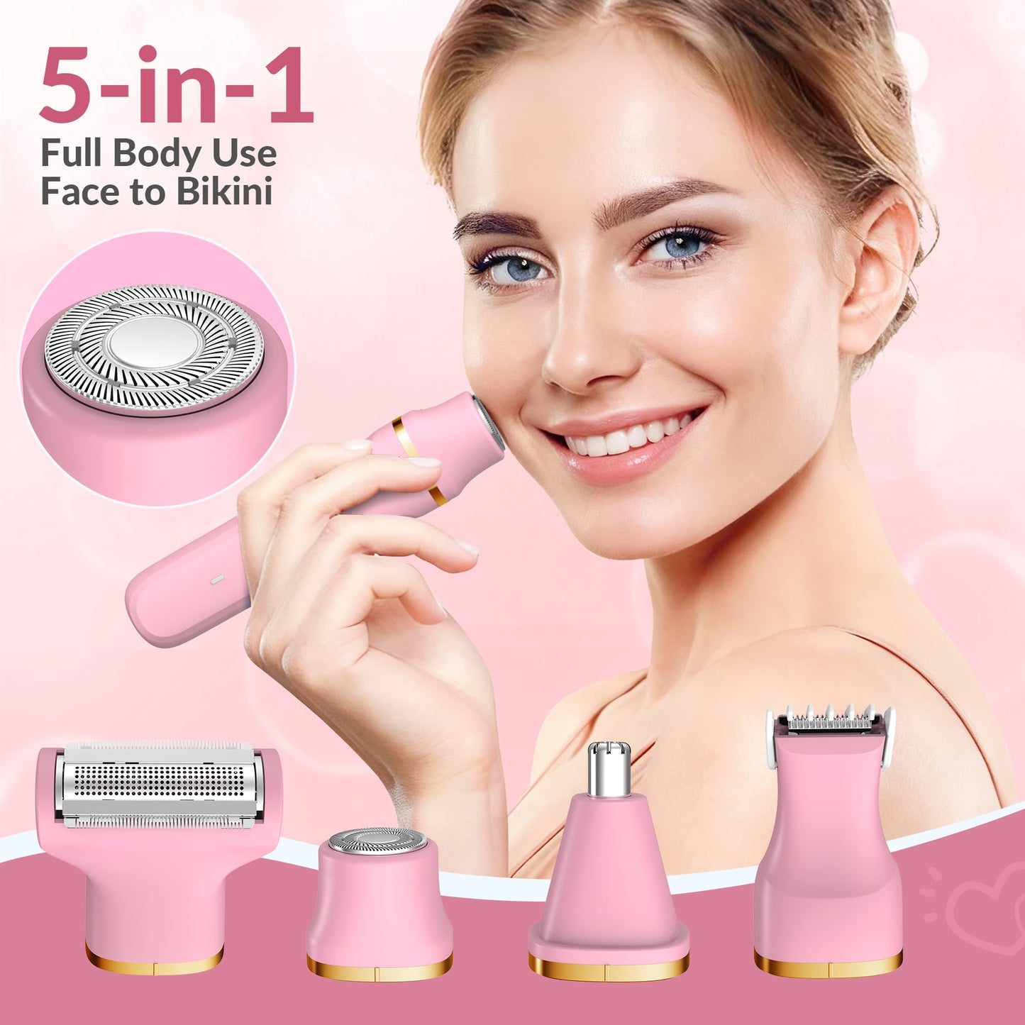 KINGTEE 5-in-1 Electric Bikini Trimmer for Women – IPX7 Waterproof Shaver, Cordless Body & Facial Razors for Women, Ceramic Blades, USB-C Rechargeable, Painless Hair Removal Kit (Blue)