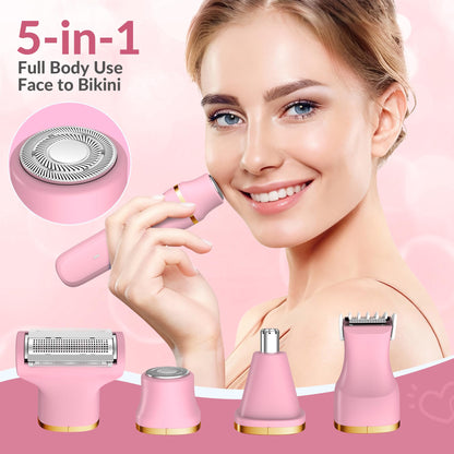 KINGTEE 5-in-1 Electric Bikini Trimmer for Women – IPX7 Waterproof Shaver, Cordless Body & Facial Razors for Women, Ceramic Blades, USB-C Rechargeable, Painless Hair Removal Kit (Blue)