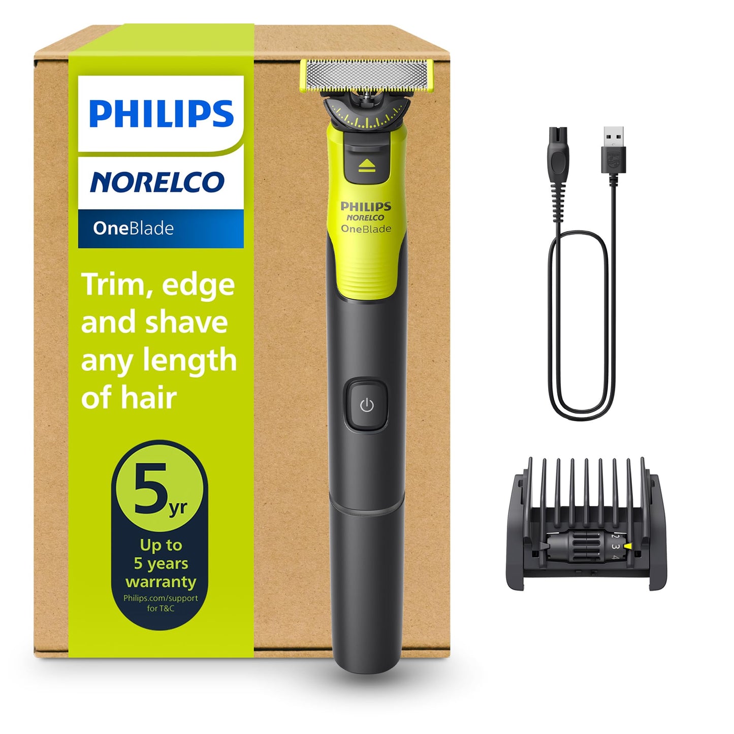 Philips Norelco One 360 Hybrid Face, Electric Beard Trimmer and Shaver, with 360 Technology, 1x 360 for Face, 5in1 Adjustable Comb, Model QP2724/90