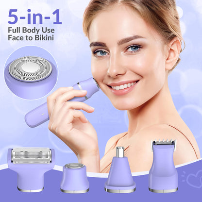 KINGTEE 5-in-1 Electric Bikini Trimmer for Women – IPX7 Waterproof Shaver, Cordless Body & Facial Razors for Women, Ceramic Blades, USB-C Rechargeable, Painless Hair Removal Kit (Blue)