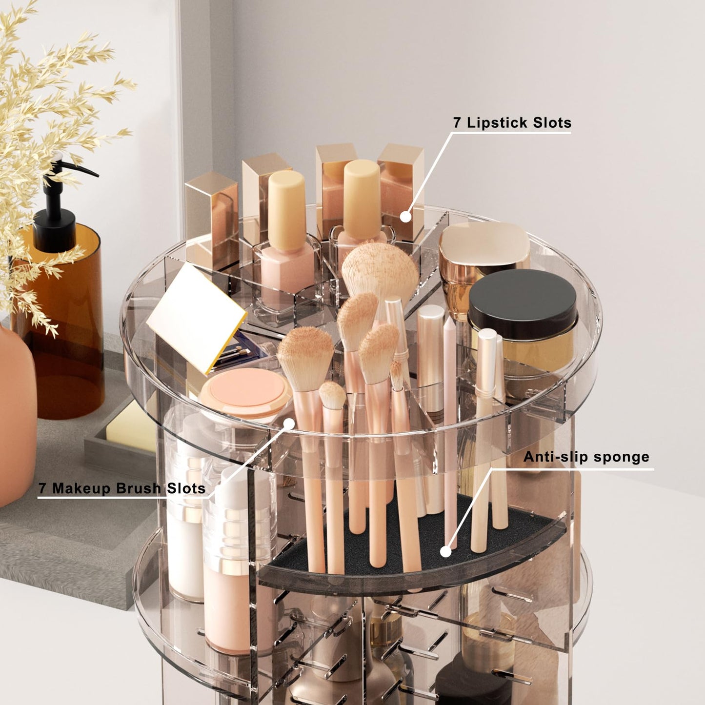 Rotating Makeup Organizer, DIY 8 Adjustable Layers Spinning Skincare Organizer, Cosmetic Display Case with Brush Holder Perfume Tray, Multi-Function Storage Carousel for Vanity Bathroom Countertop