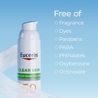 Eucerin Sun Clear Skin Face Sunscreen Lotion SPF 50 for Acne Prone and Oily Skin, Lightweight Sunscreen with Oil-Absorbing Minerals, Won't Cause Breakouts, Hypoallergenic, 2.5 Fl Oz Bottle
