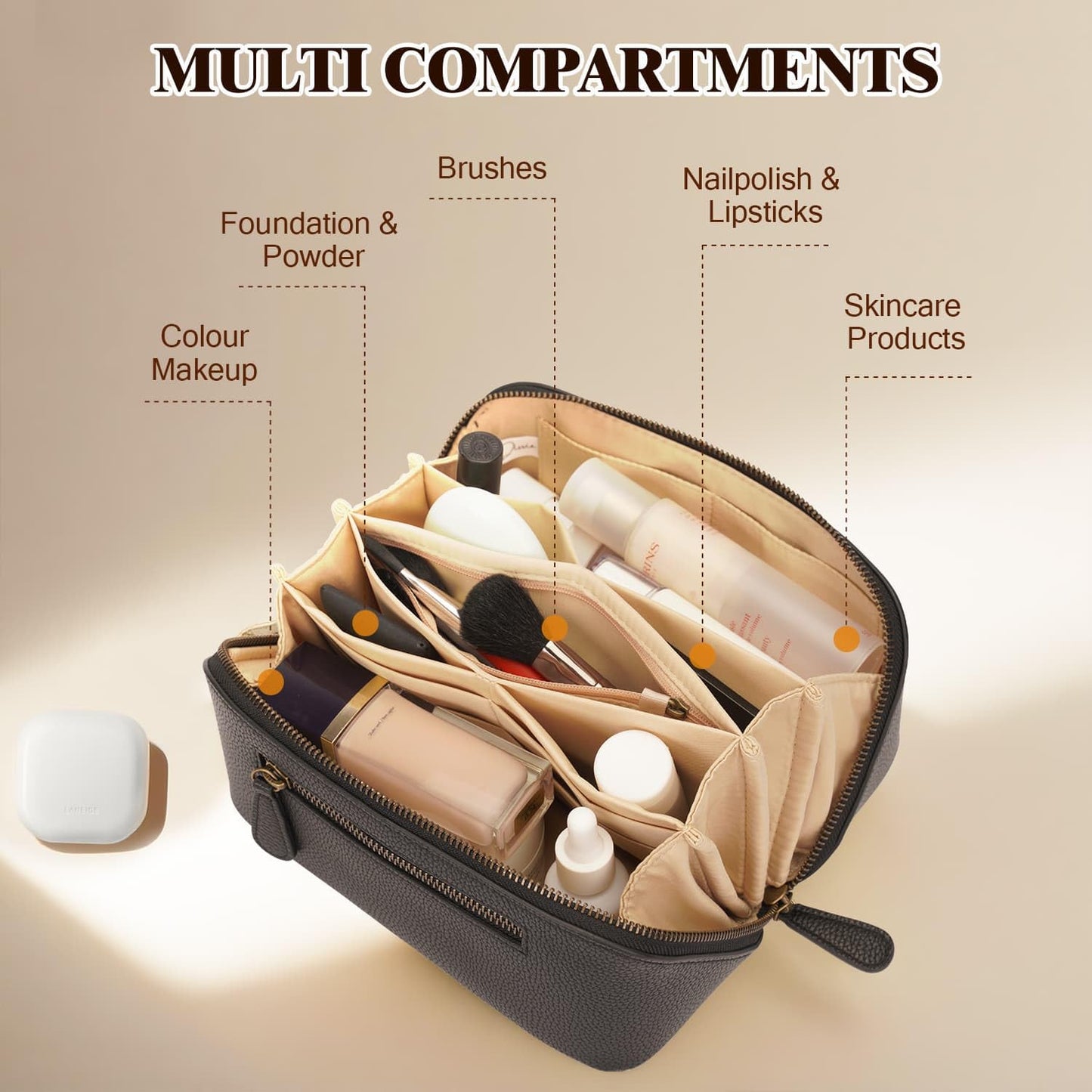 Travel Makeup Bag Large Capacity Cosmetic Bags for Women Waterproof Make up Organizer Toiletry Bag Open Flat Portable with Divider with Handle Pouch (Brown, 3L)