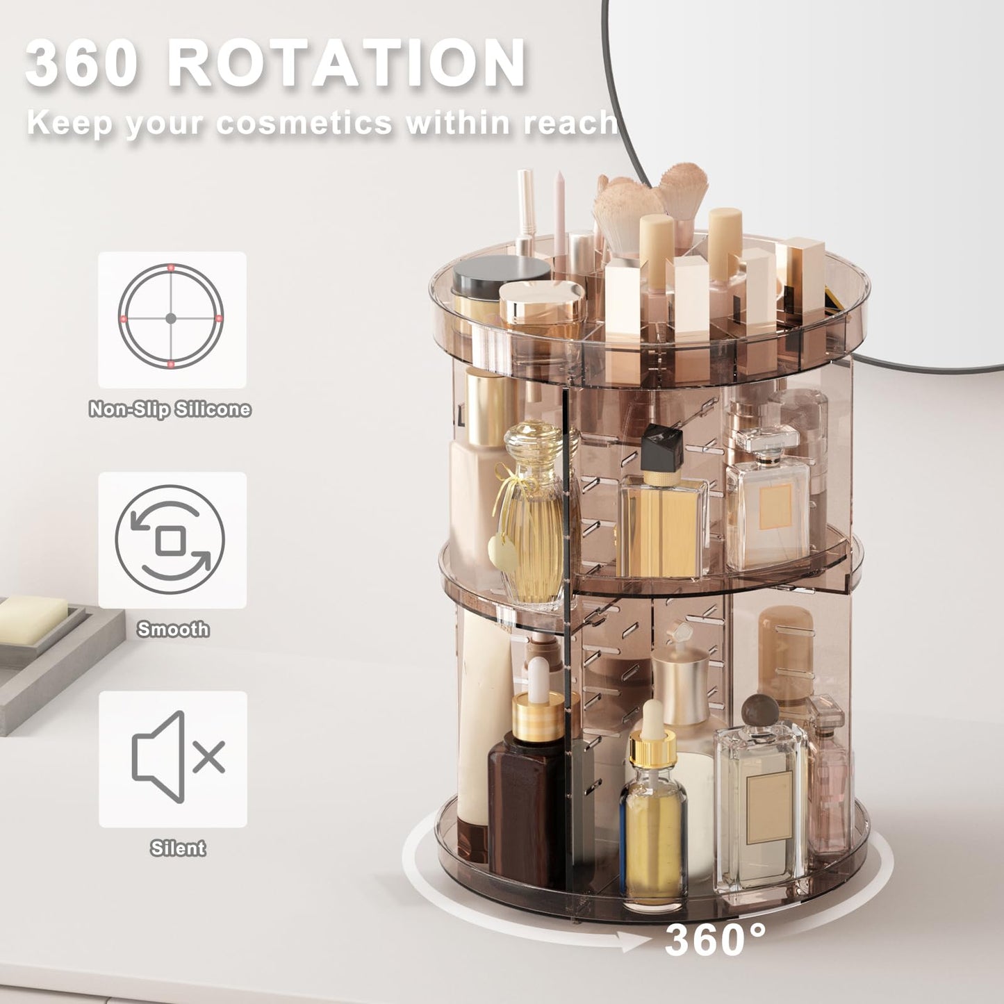 Rotating Makeup Organizer, DIY 8 Adjustable Layers Spinning Skincare Organizer, Cosmetic Display Case with Brush Holder Perfume Tray, Multi-Function Storage Carousel for Vanity Bathroom Countertop