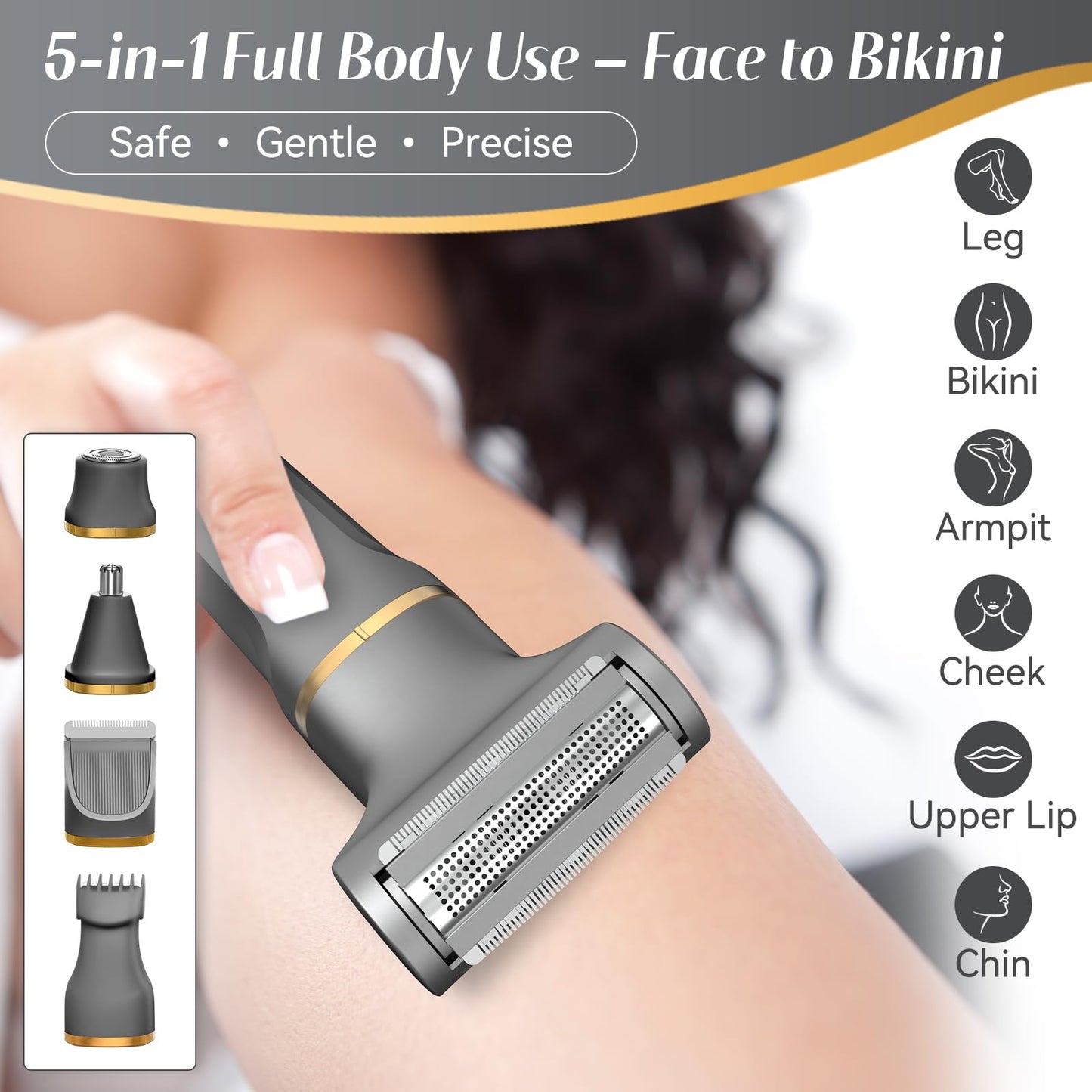 KINGTEE 5-in-1 Electric Bikini Trimmer for Women – IPX7 Waterproof Shaver, Cordless Body & Facial Razors for Women, Ceramic Blades, USB-C Rechargeable, Painless Hair Removal Kit (Blue)