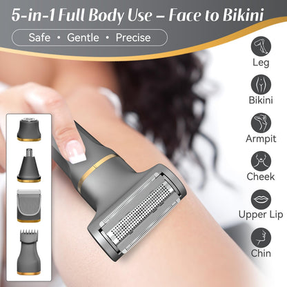 KINGTEE 5-in-1 Electric Bikini Trimmer for Women – IPX7 Waterproof Shaver, Cordless Body & Facial Razors for Women, Ceramic Blades, USB-C Rechargeable, Painless Hair Removal Kit (Blue)