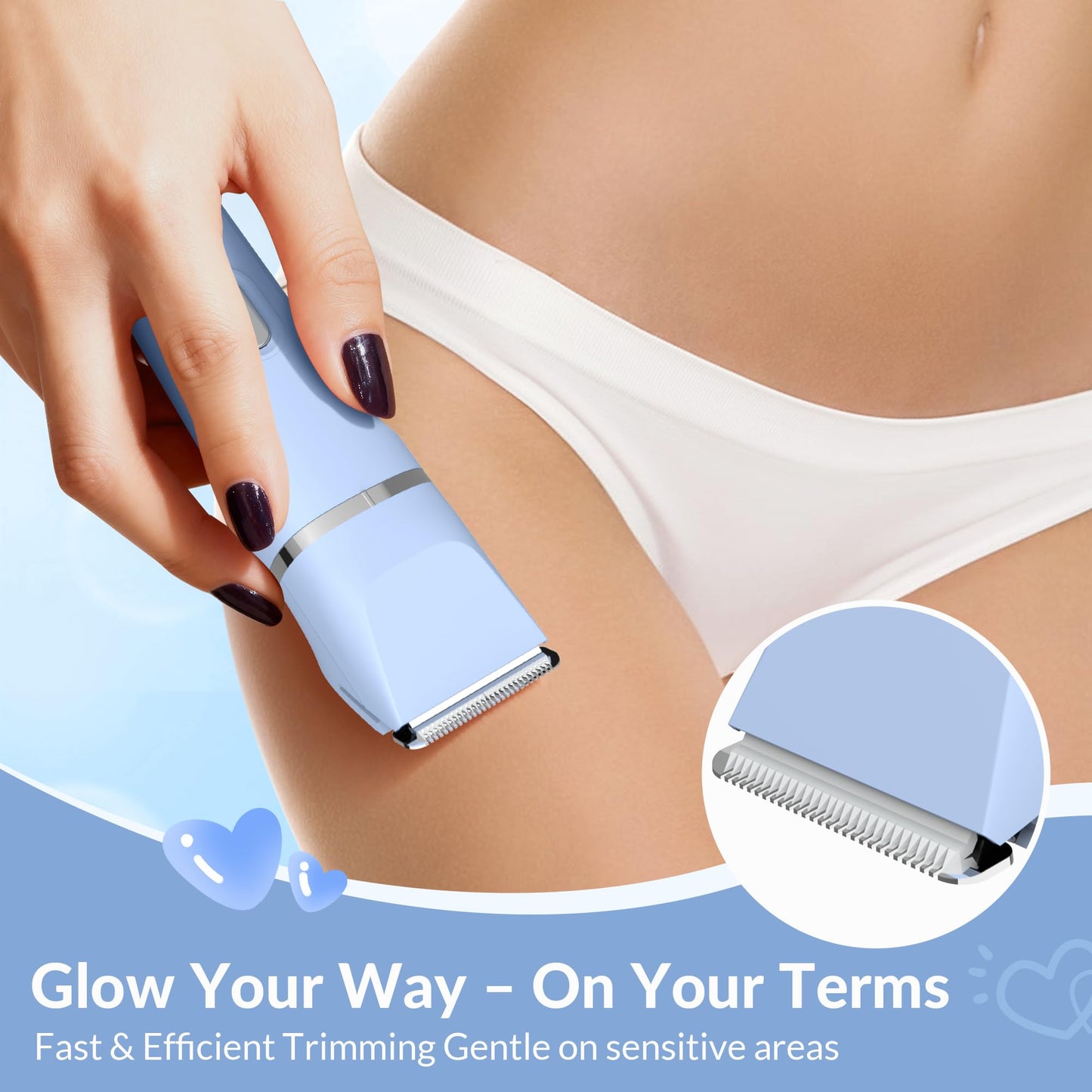 KINGTEE 5-in-1 Electric Bikini Trimmer for Women – IPX7 Waterproof Shaver, Cordless Body & Facial Razors for Women, Ceramic Blades, USB-C Rechargeable, Painless Hair Removal Kit (Blue)