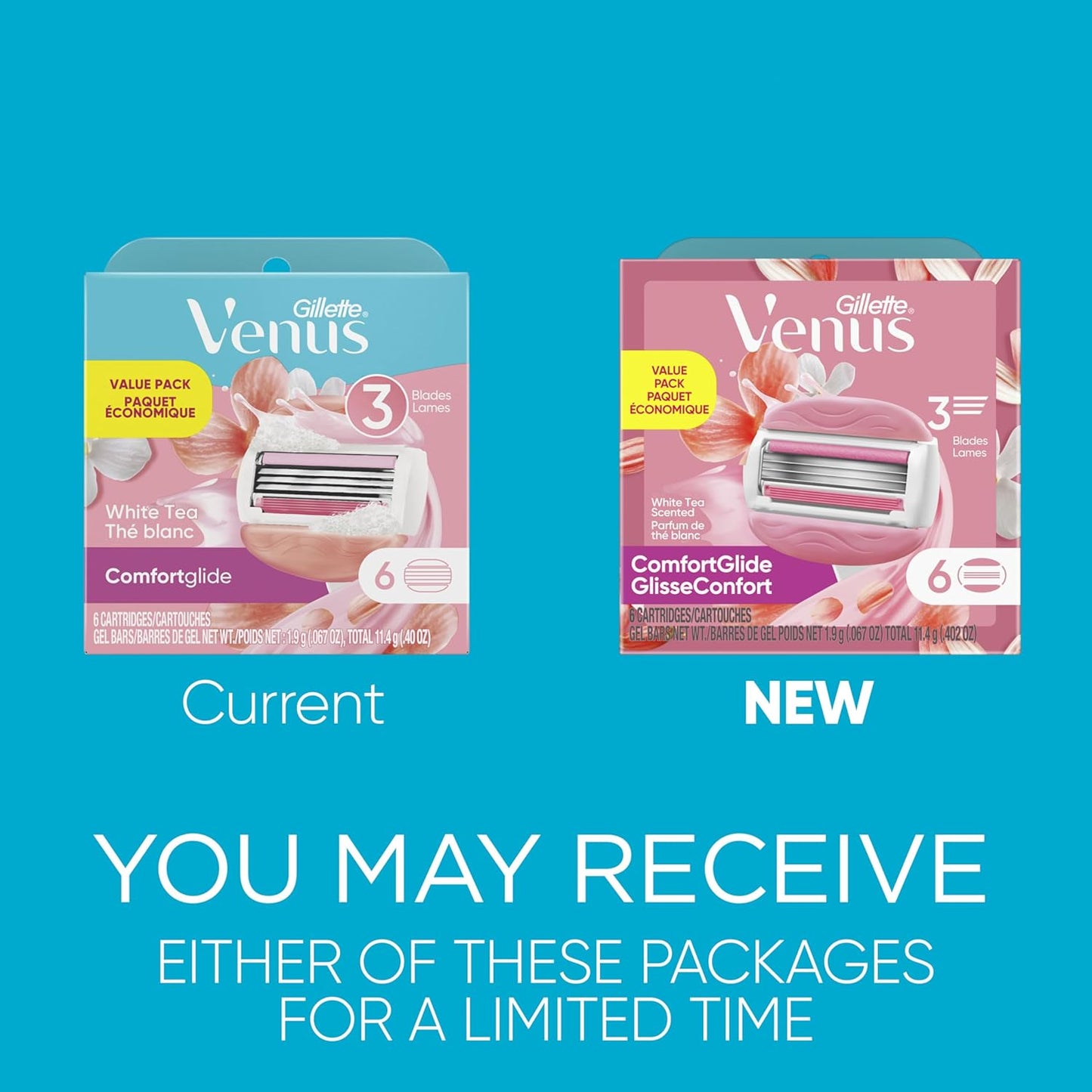 Gillette Venus ComfortGlide White Tea Women's Razor Blades, 3-Blade Razor Refills, 6 Count