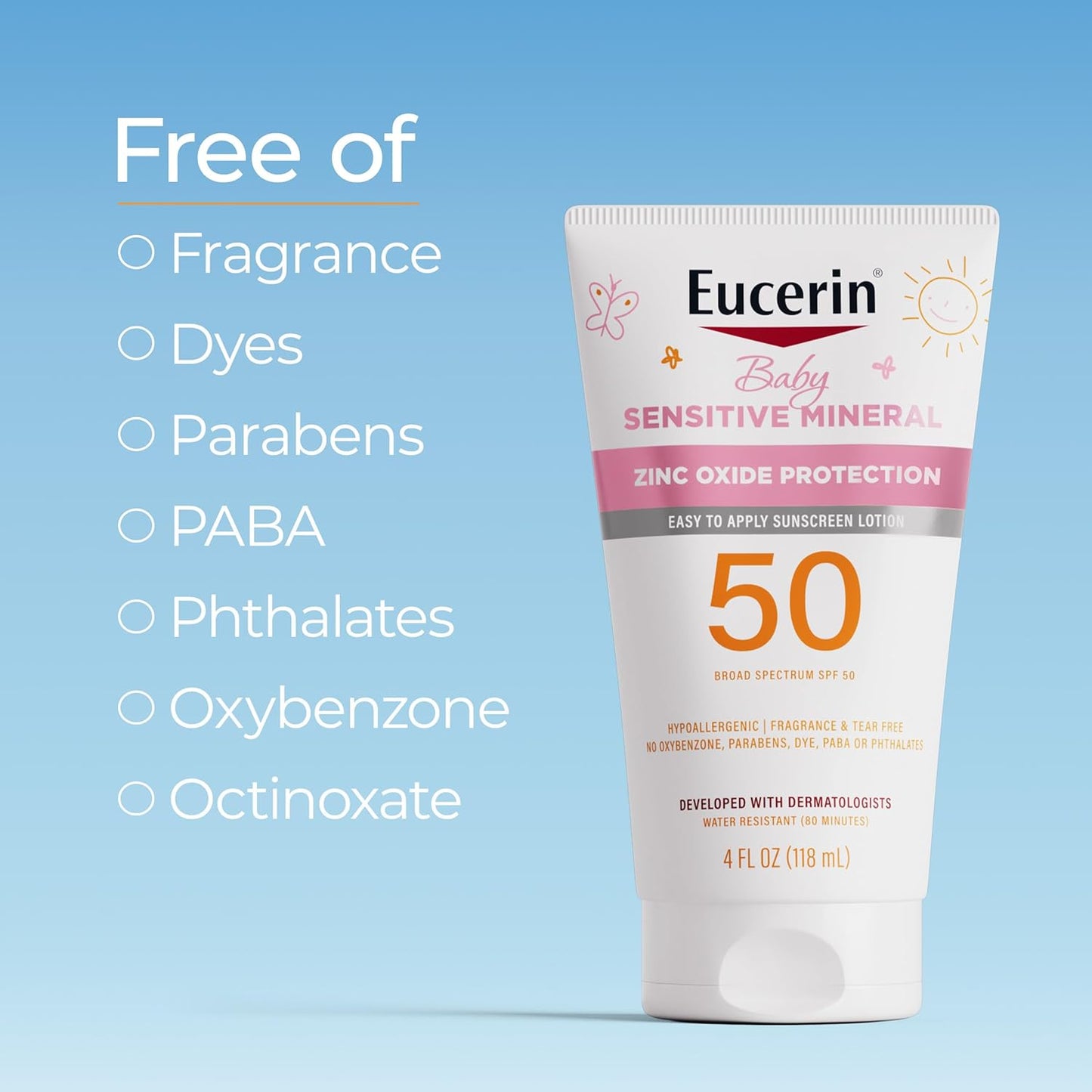 Eucerin Sun Sensitive Mineral Baby Sunscreen Lotion SPF 50 with Zinc Oxide Protection, Hypoallergenic Mineral Sunscreen for Babies, Tear Free and Fragrance Free, 4 Fl Oz Tube