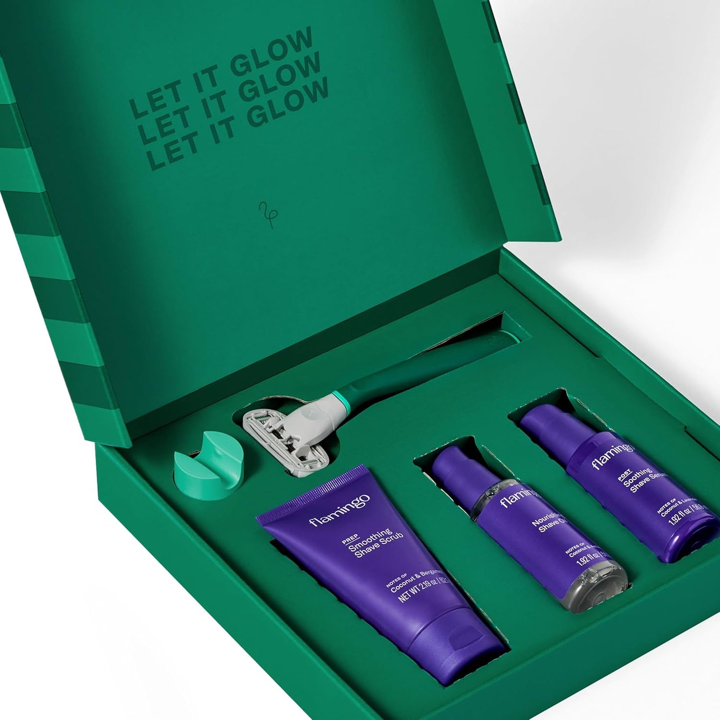 Flamingo Women's Razor Holiday Gift Set - Razor Handle, Blade Refill, Mini Smoothing Shave Scrub, Mini Nourishing Shaving Oil, Mini Soothing Shave Serum, and Shower Holder