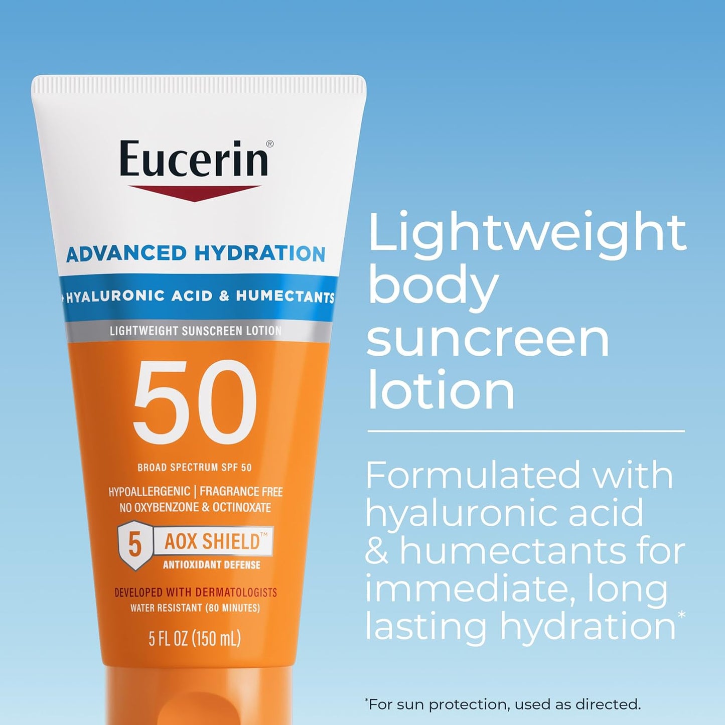 Eucerin Sun Advanced Hydration SPF 50 Sunscreen Lotion, Lightweight Sunscreen with Hyaluronic Acid and Humectants, Hypoallergenic, Fragrance Free, No Oxybenzone or Octinoxate, 5 Fl Oz Tube