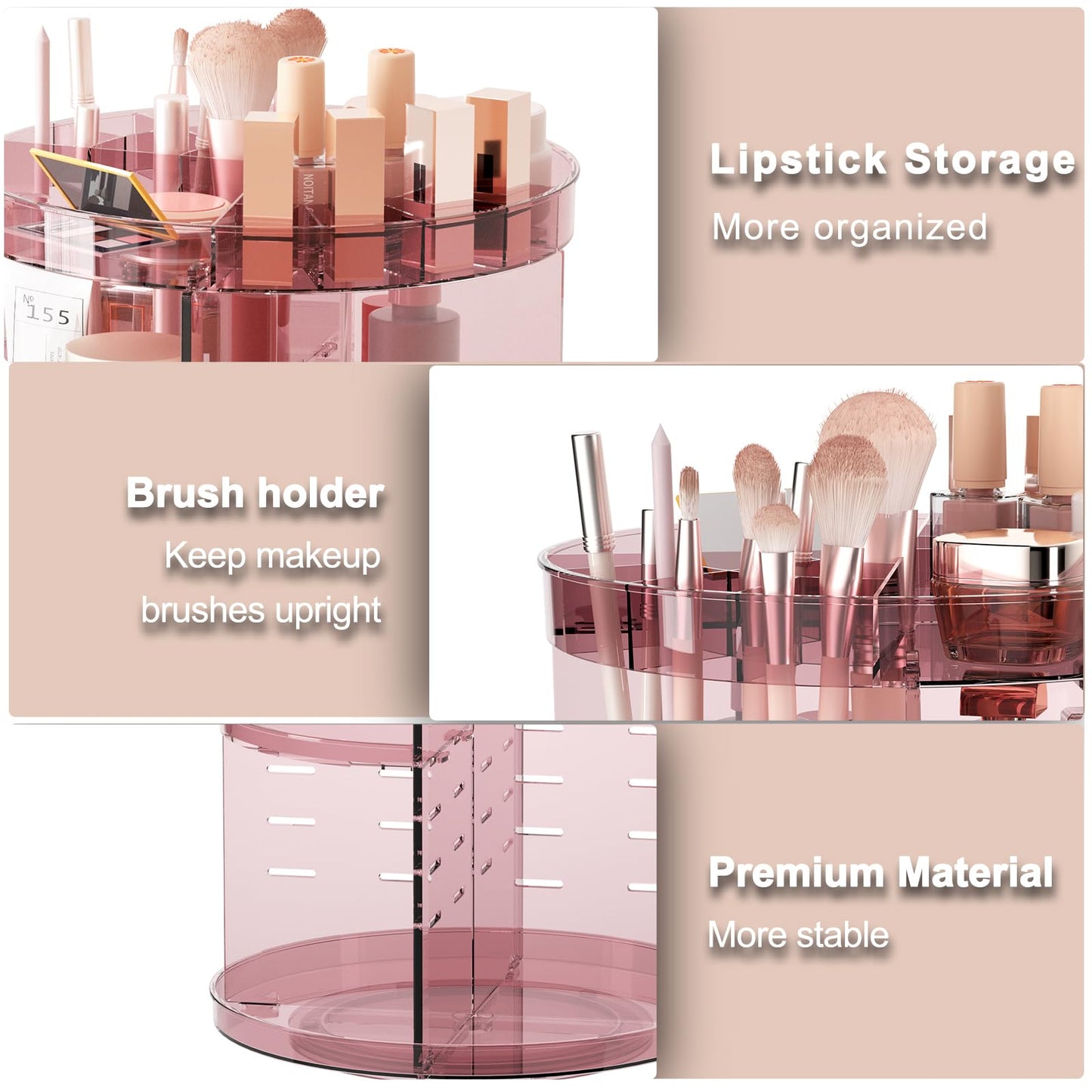 Rotating Makeup Organizer, DIY 8 Adjustable Layers Spinning Skincare Organizer, Cosmetic Display Case with Brush Holder Perfume Tray, Multi-Function Storage Carousel for Vanity Bathroom Countertop