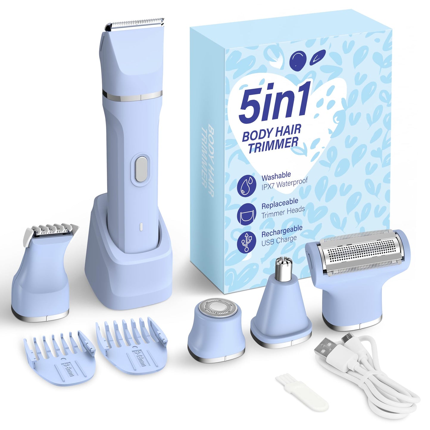 KINGTEE 5-in-1 Electric Bikini Trimmer for Women – IPX7 Waterproof Shaver, Cordless Body & Facial Razors for Women, Ceramic Blades, USB-C Rechargeable, Painless Hair Removal Kit (Blue)