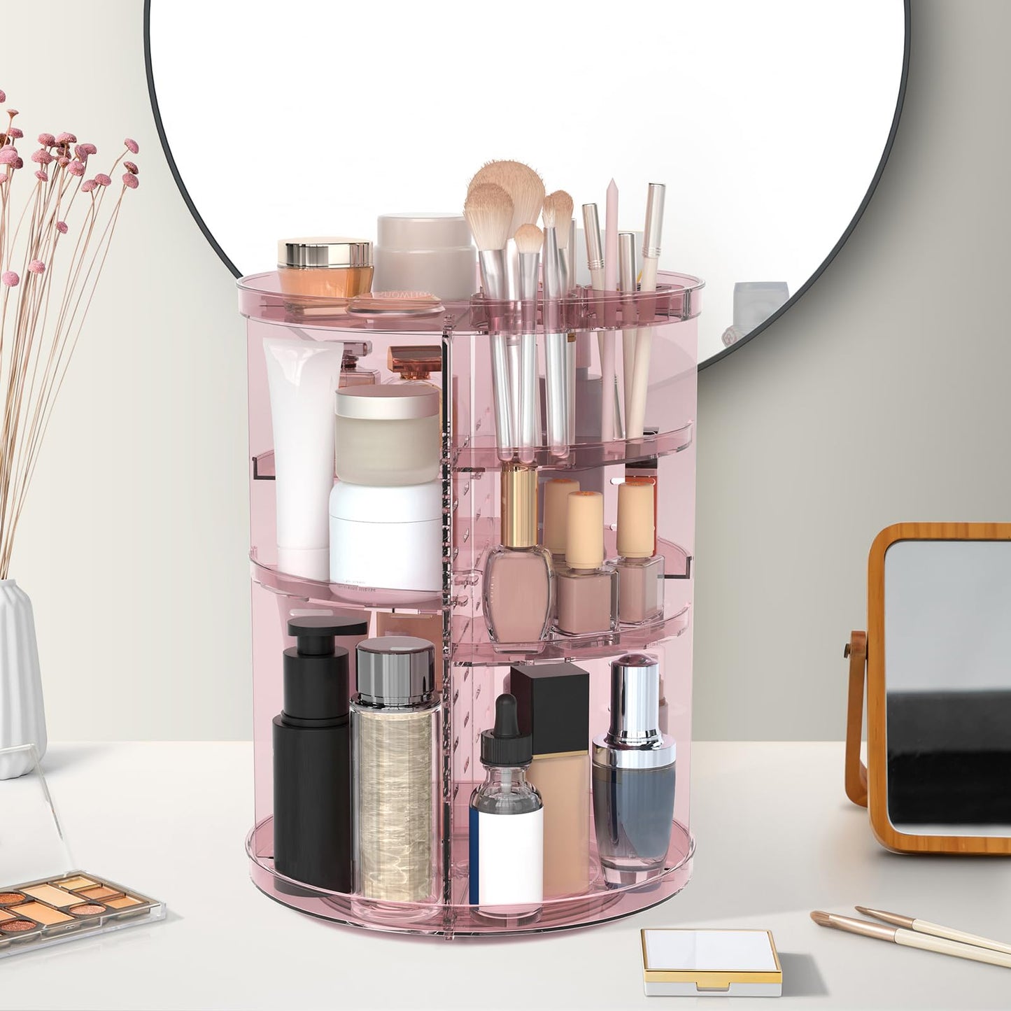Rotating Makeup Organizer, DIY 8 Adjustable Layers Spinning Skincare Organizer, Cosmetic Display Case with Brush Holder Perfume Tray, Multi-Function Storage Carousel for Vanity Bathroom Countertop