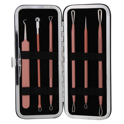 JPNK Blackhead Remover Tool Comedones Extractor Acne Removal Kit for Blemish, Whitehead Popping, 6 Pcs Zit Removing for Nose Face Tools with a Leather Bag (Pink)