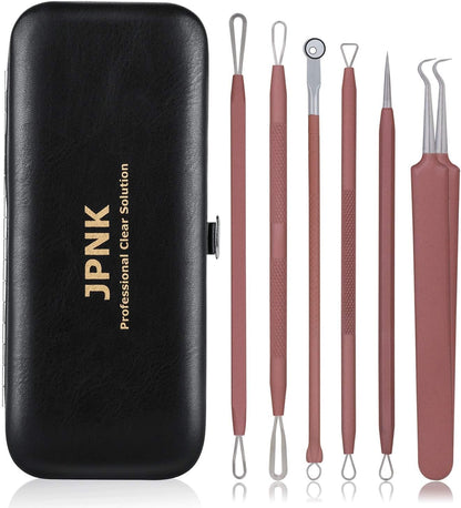 JPNK Blackhead Remover Tool Comedones Extractor Acne Removal Kit for Blemish, Whitehead Popping, 6 Pcs Zit Removing for Nose Face Tools with a Leather Bag (Pink)