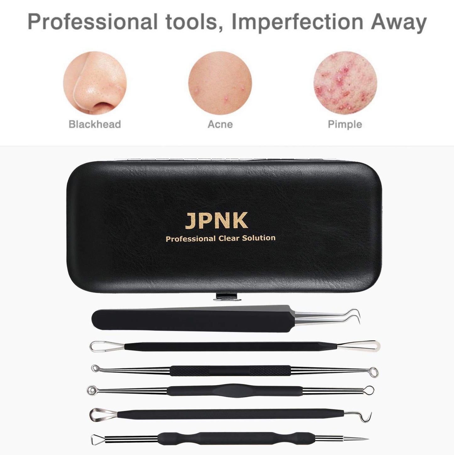 JPNK Blackhead Remover Tool Comedones Extractor Acne Removal Kit for Blemish, Whitehead Popping, 6 Pcs Zit Removing for Nose Face Tools with a Leather Bag (Pink)