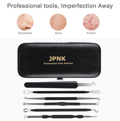 JPNK Blackhead Remover Tool Comedones Extractor Acne Removal Kit for Blemish, Whitehead Popping, 6 Pcs Zit Removing for Nose Face Tools with a Leather Bag (Pink)