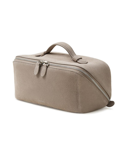 EACHY Leather Makeup Bag, Portable 180° Wide-Open Flat Cosmetic Bag for Women, Large Capacity Make Up Organizer Makeup Pouch with Divider and Handle