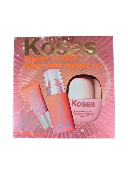 Kosas Plump + Juicy Makeup Prep Skincare Set – 3-Piece Mini Set with Collagen Spray-On Serum (1 oz), DreamBeam Sunlit SPF 40 PA++++ Sunscreen (0.5 oz), and Lip Booster (0.17 oz)