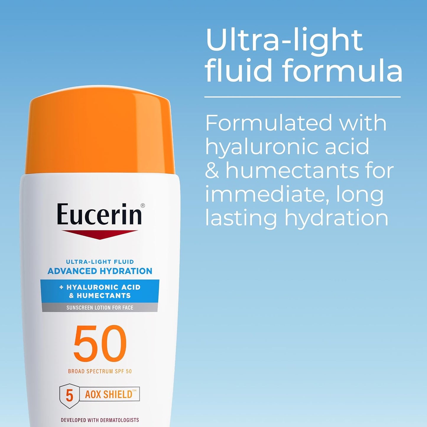 Eucerin Sun Advanced Hydration Ultra-Lightweight Face Sunscreen SPF 50 with Hyaluronic Acid & Humectants, Hydrating Sunscreen for Face, Non Comedogenic and Hypoallergenic, 1.7 Fl Oz Bottle