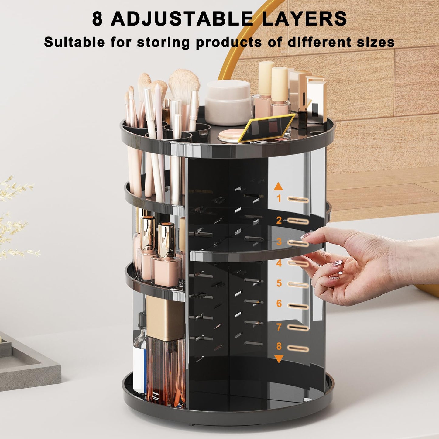 Rotating Makeup Organizer, DIY 8 Adjustable Layers Spinning Skincare Organizer, Cosmetic Display Case with Brush Holder Perfume Tray, Multi-Function Storage Carousel for Vanity Bathroom Countertop