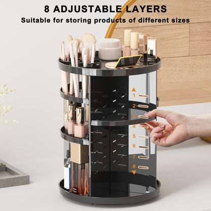 Rotating Makeup Organizer, DIY 8 Adjustable Layers Spinning Skincare Organizer, Cosmetic Display Case with Brush Holder Perfume Tray, Multi-Function Storage Carousel for Vanity Bathroom Countertop