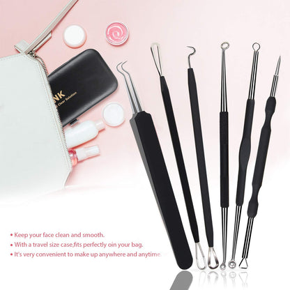 JPNK Blackhead Remover Tool Comedones Extractor Acne Removal Kit for Blemish, Whitehead Popping, 6 Pcs Zit Removing for Nose Face Tools with a Leather Bag (Pink)