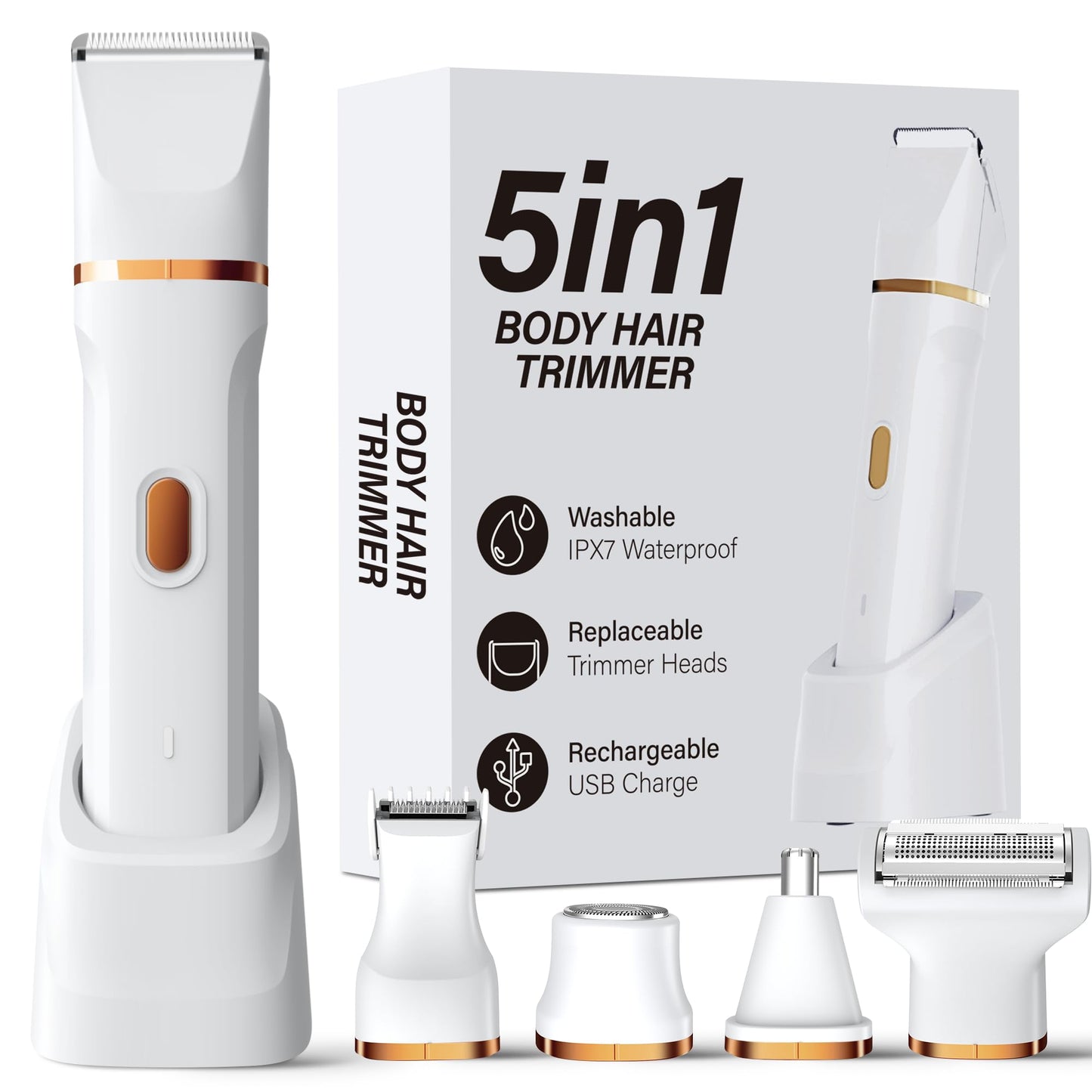 KINGTEE 5-in-1 Electric Bikini Trimmer for Women – IPX7 Waterproof Shaver, Cordless Body & Facial Razors for Women, Ceramic Blades, USB-C Rechargeable, Painless Hair Removal Kit (Blue)