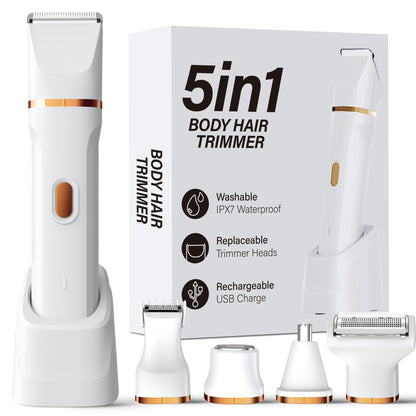 KINGTEE 5-in-1 Electric Bikini Trimmer for Women – IPX7 Waterproof Shaver, Cordless Body & Facial Razors for Women, Ceramic Blades, USB-C Rechargeable, Painless Hair Removal Kit (Blue)