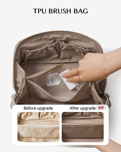 EACHY Leather Makeup Bag, Portable 180° Wide-Open Flat Cosmetic Bag for Women, Large Capacity Make Up Organizer Makeup Pouch with Divider and Handle