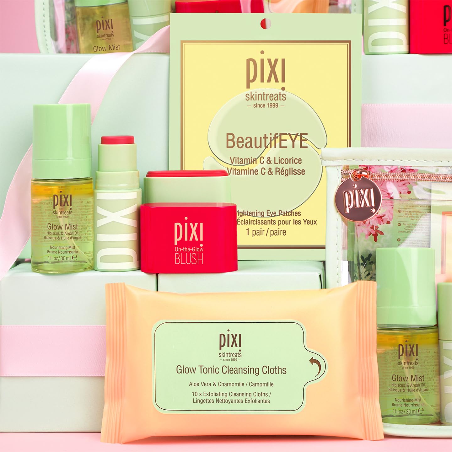 Best of Pixi Beauty Holiday Edition Gift Set | Kit Contains BeautifEYE Eye Patches, Glow Tonic Cleansing Cloths, Glow Mist, On-the-Glow Blush and +Hydra LipTreat Lip Balm in Holiday Makeup Bag