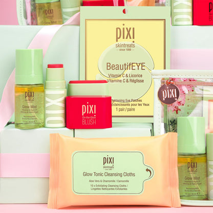 Best of Pixi Beauty Holiday Edition Gift Set | Kit Contains BeautifEYE Eye Patches, Glow Tonic Cleansing Cloths, Glow Mist, On-the-Glow Blush and +Hydra LipTreat Lip Balm in Holiday Makeup Bag