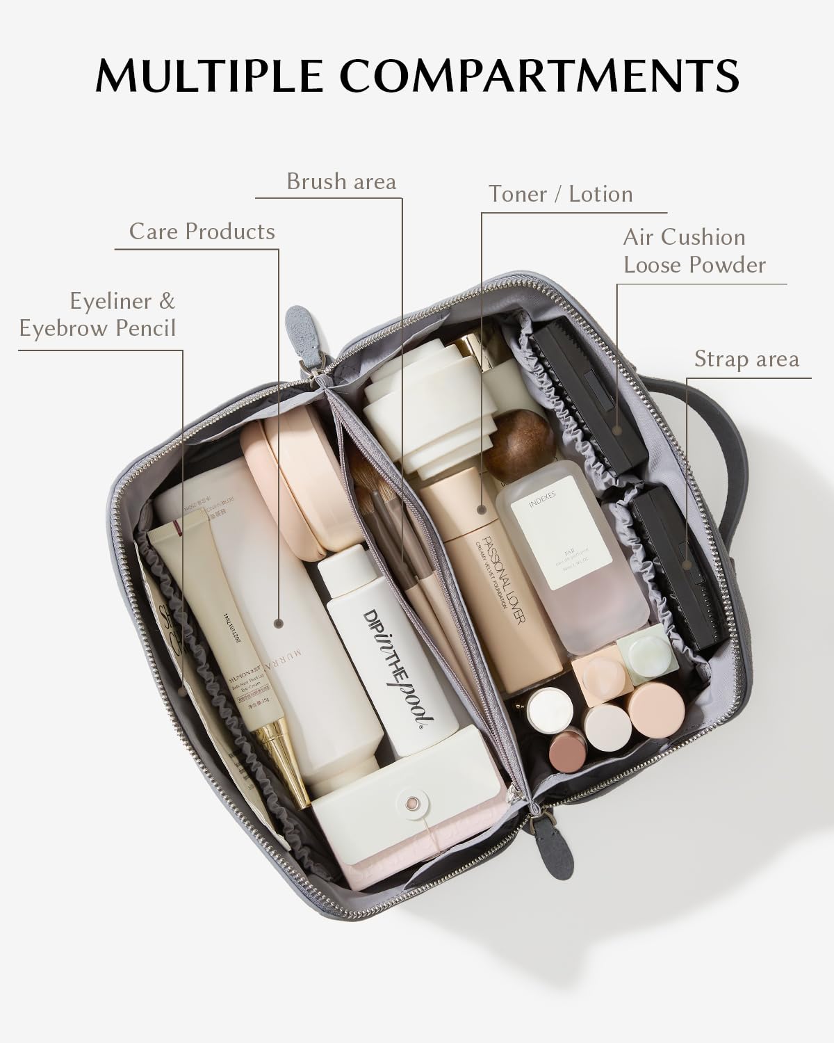 EACHY Leather Makeup Bag, Portable 180° Wide-Open Flat Cosmetic Bag for Women, Large Capacity Make Up Organizer Makeup Pouch with Divider and Handle