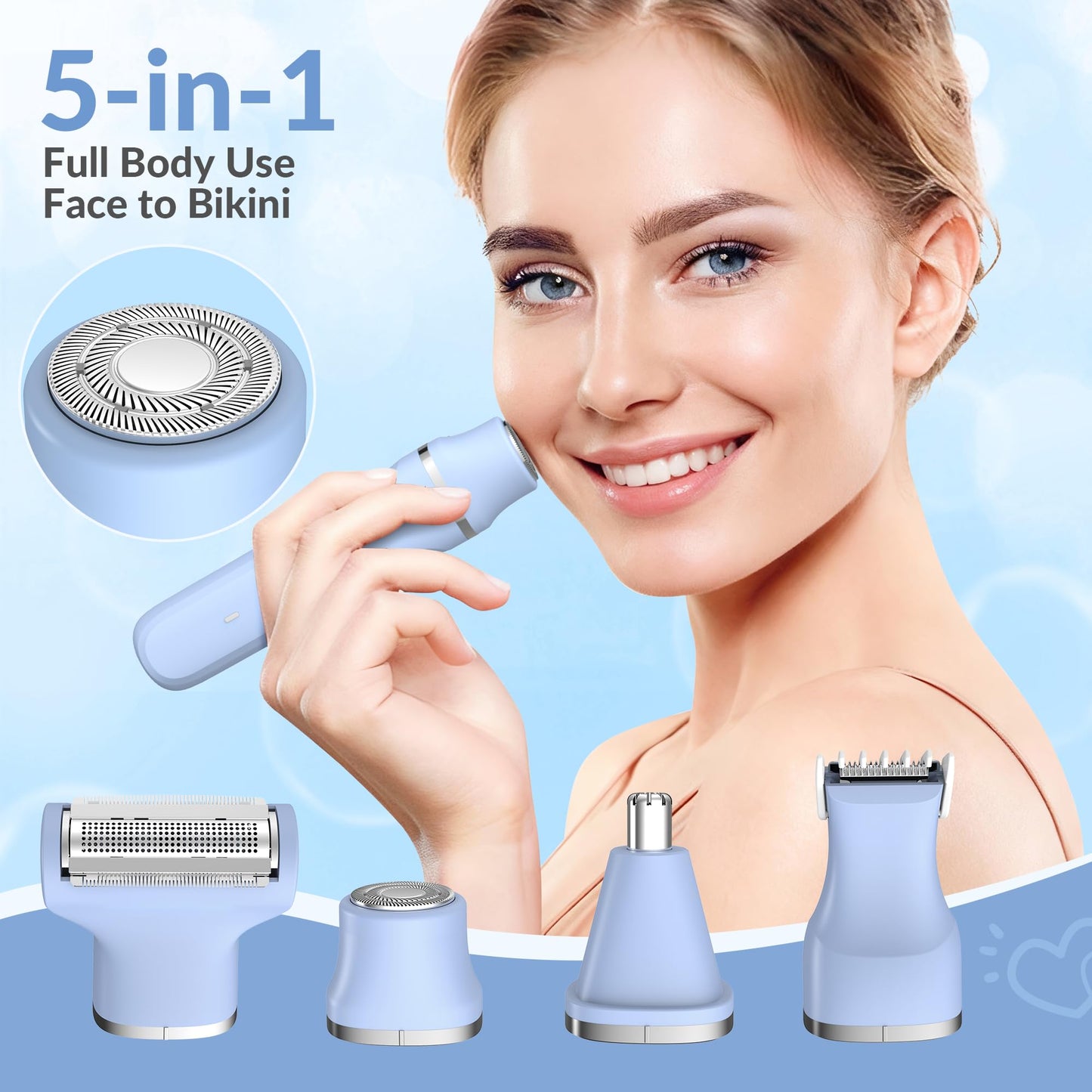 KINGTEE 5-in-1 Electric Bikini Trimmer for Women – IPX7 Waterproof Shaver, Cordless Body & Facial Razors for Women, Ceramic Blades, USB-C Rechargeable, Painless Hair Removal Kit (Blue)