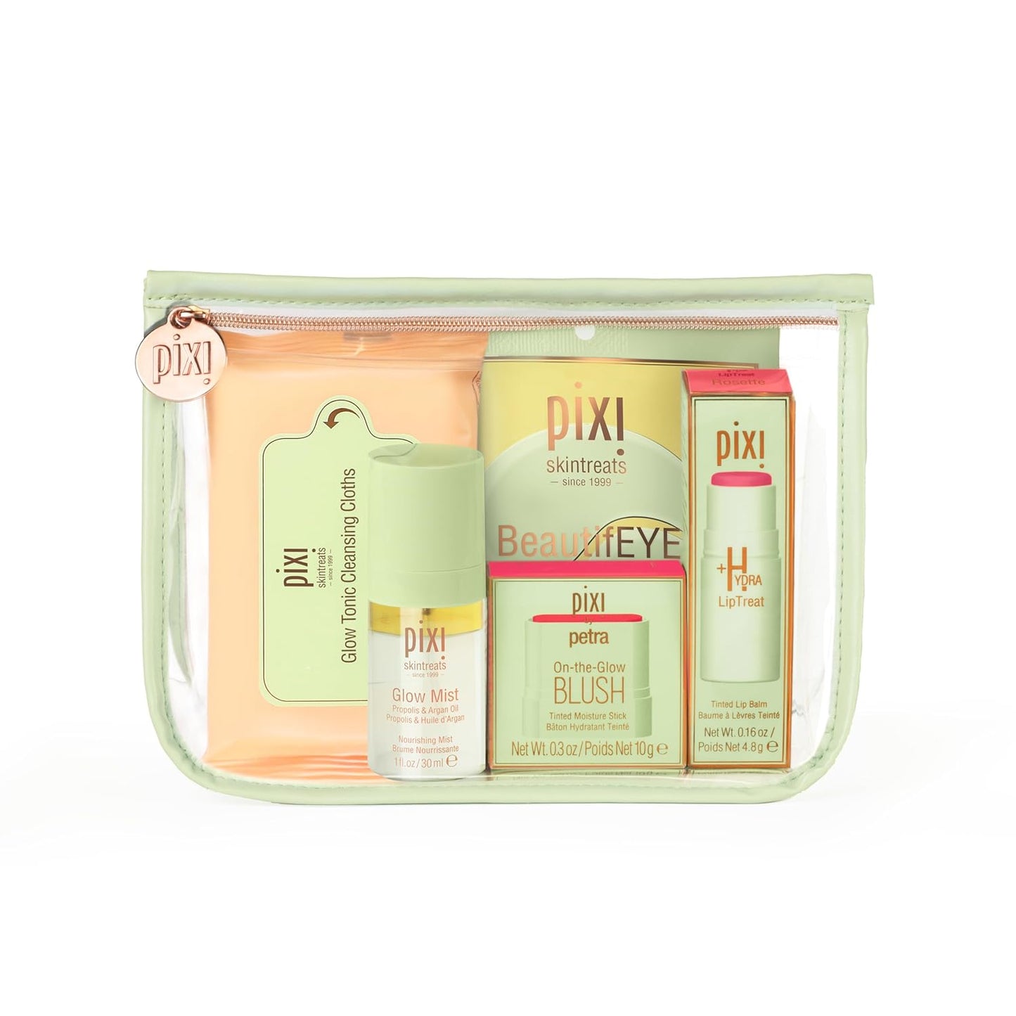 Best of Pixi Beauty Holiday Edition Gift Set | Kit Contains BeautifEYE Eye Patches, Glow Tonic Cleansing Cloths, Glow Mist, On-the-Glow Blush and +Hydra LipTreat Lip Balm in Holiday Makeup Bag