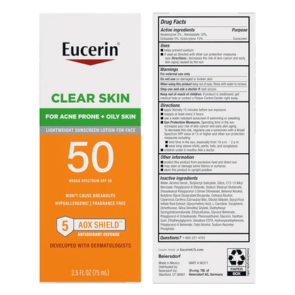 Eucerin Sun Clear Skin Face Sunscreen Lotion SPF 50 for Acne Prone and Oily Skin, Lightweight Sunscreen with Oil-Absorbing Minerals, Won't Cause Breakouts, Hypoallergenic, 2.5 Fl Oz Bottle