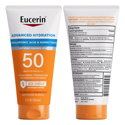 Eucerin Sun Advanced Hydration SPF 50 Sunscreen Lotion, Lightweight Sunscreen with Hyaluronic Acid and Humectants, Hypoallergenic, Fragrance Free, No Oxybenzone or Octinoxate, 5 Fl Oz Tube