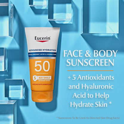 Eucerin Sun Advanced Hydration SPF 50 Sunscreen Lotion (5 Fl Oz) + Age Defense Face Sunscreen Lotion SPF 50 (2.5 Fl Oz), Hypoallergenic and Lightweight Sun Protection with Hyaluronic Acid