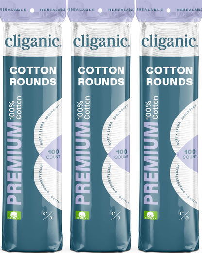 Cliganic Premium Cotton Rounds for Face (300 Count) - Makeup Remover Pads, Hypoallergenic, Lint-Free | 100% Pure Cotton