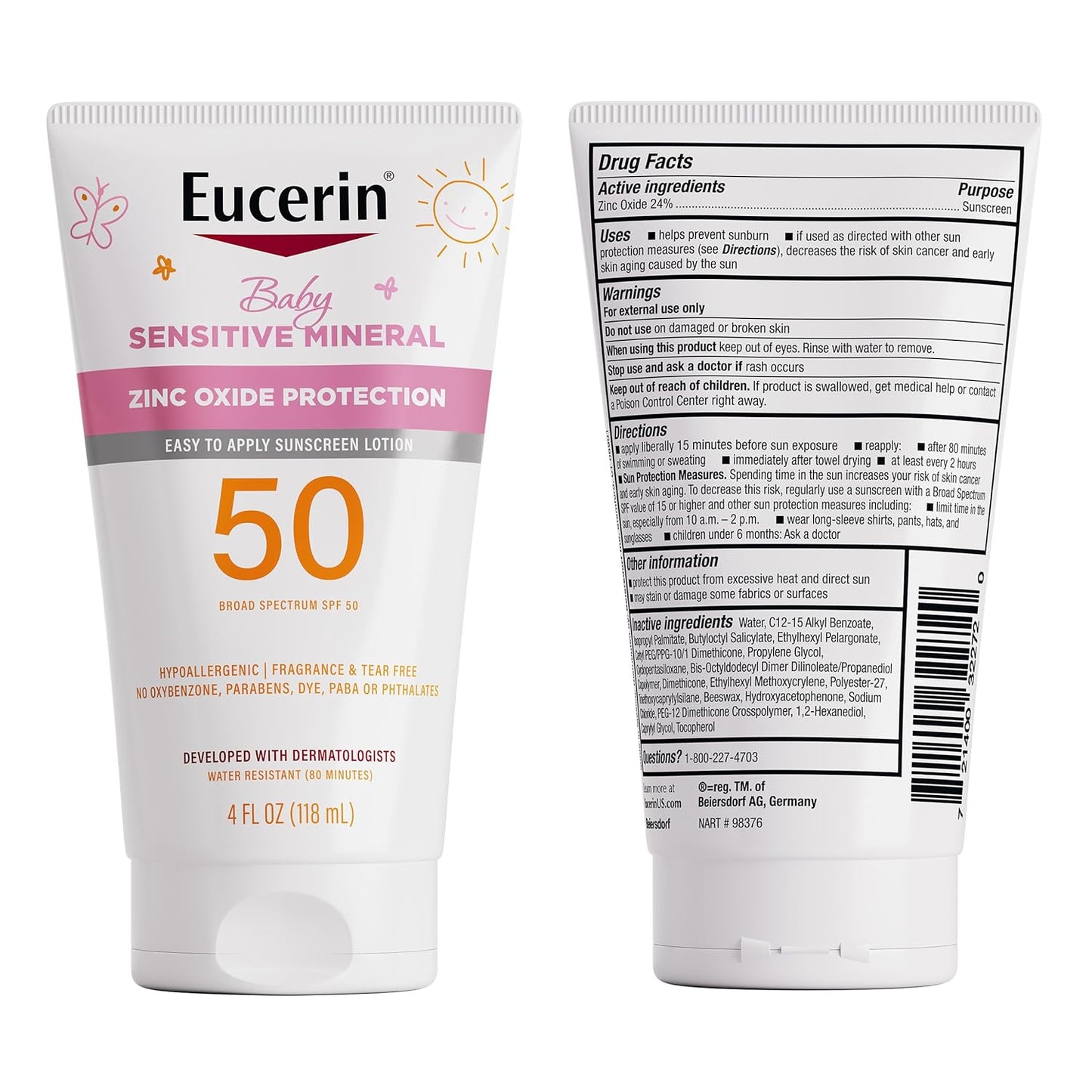 Eucerin Sun Sensitive Mineral Baby Sunscreen Lotion SPF 50 with Zinc Oxide Protection, Hypoallergenic Mineral Sunscreen for Babies, Tear Free and Fragrance Free, 4 Fl Oz Tube