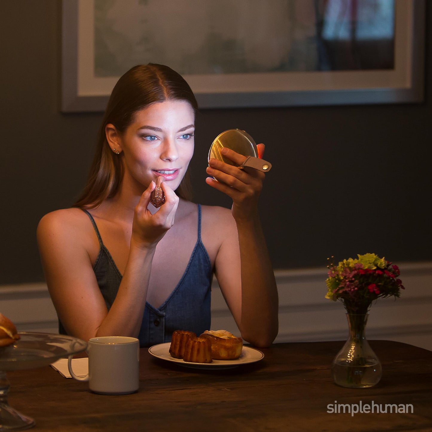 simplehuman Sensor Mirror, Lighted Compact Makeup Magnifying Mirror with Light, Round, Travel Size, Black Stainless Steel