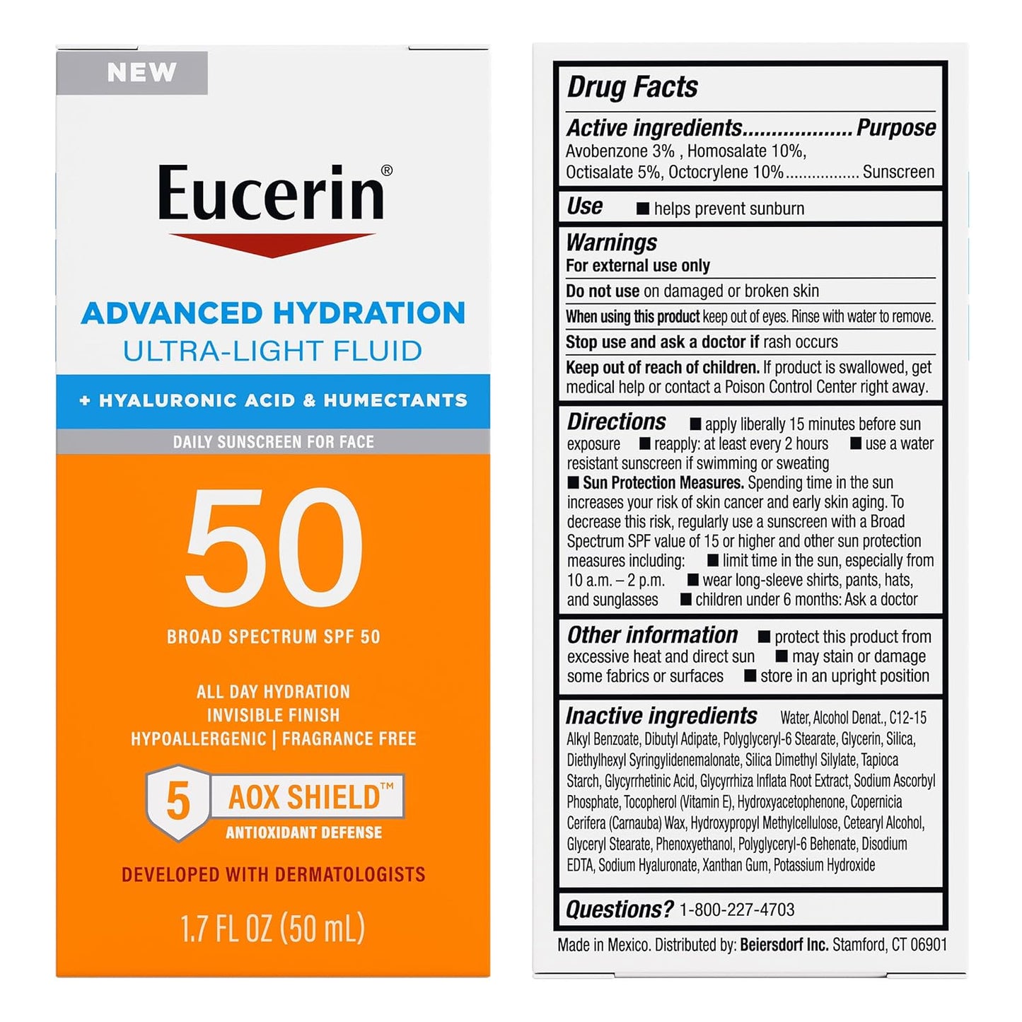 Eucerin Sun Advanced Hydration Ultra-Lightweight Face Sunscreen SPF 50 with Hyaluronic Acid & Humectants, Hydrating Sunscreen for Face, Non Comedogenic and Hypoallergenic, 1.7 Fl Oz Bottle