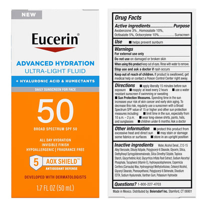 Eucerin Sun Advanced Hydration Ultra-Lightweight Face Sunscreen SPF 50 with Hyaluronic Acid & Humectants, Hydrating Sunscreen for Face, Non Comedogenic and Hypoallergenic, 1.7 Fl Oz Bottle