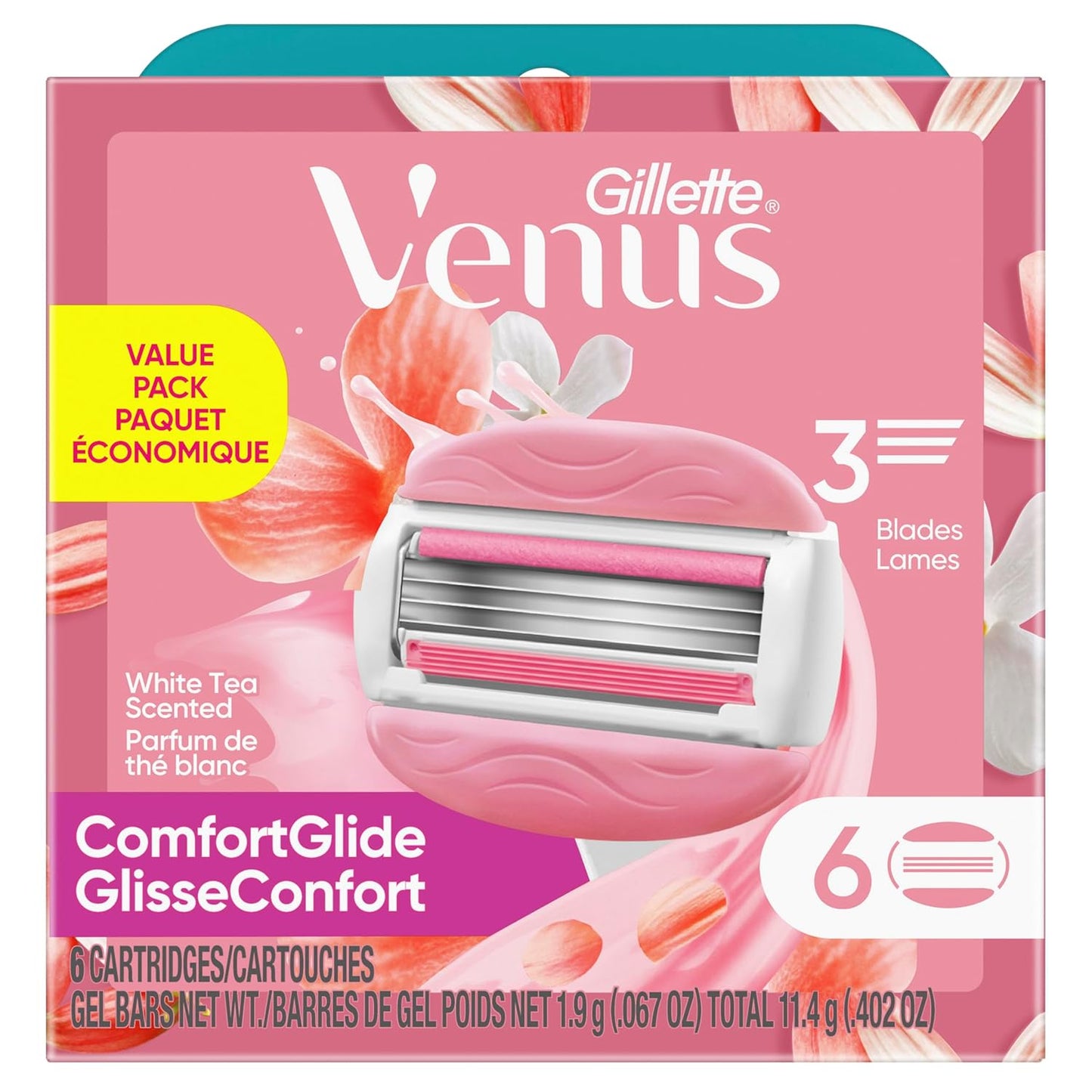 Gillette Venus ComfortGlide White Tea Women's Razor Blades, 3-Blade Razor Refills, 6 Count