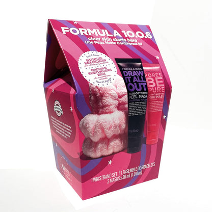 FORMULA 10.0.6 Best Sellers Face Mask Collection, Charcoal Peel Mask and Mud Mask with Fluffy Wristbands, 2 x 1 fl oz