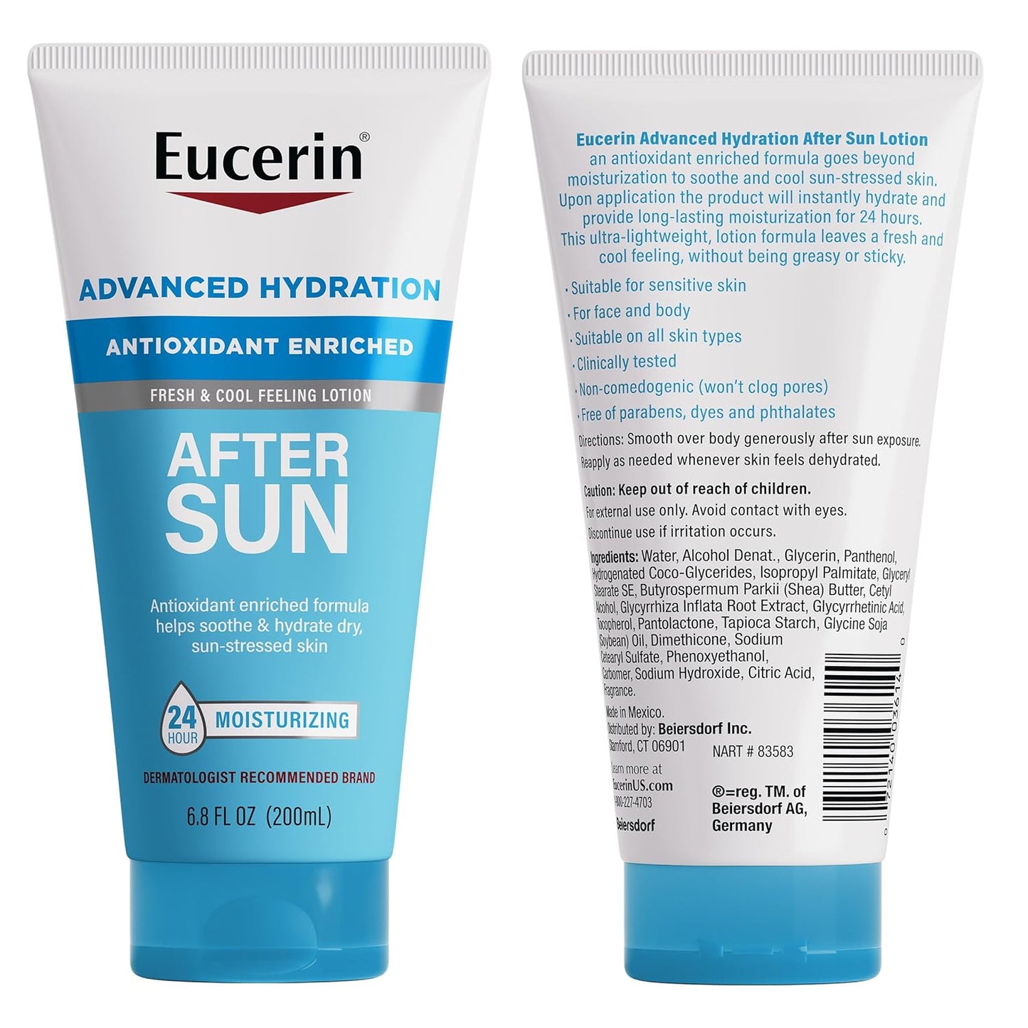 Eucerin Advanced Hydration After Sun Lotion for Face and Body, Enriched with Antioxidants, 24-Hour Hydration for Dry, Sun-Stressed Skin, 6.8 Fl Oz Tube